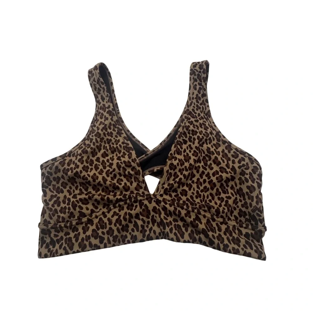 Varley Watson Bra Coffee Cheetah Leopard Print Sports Bra Large Strappy Back